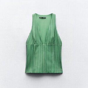 NWOT Zara Striped Print Deep V Vest Sleeveless Top Shirt Green White Size Large